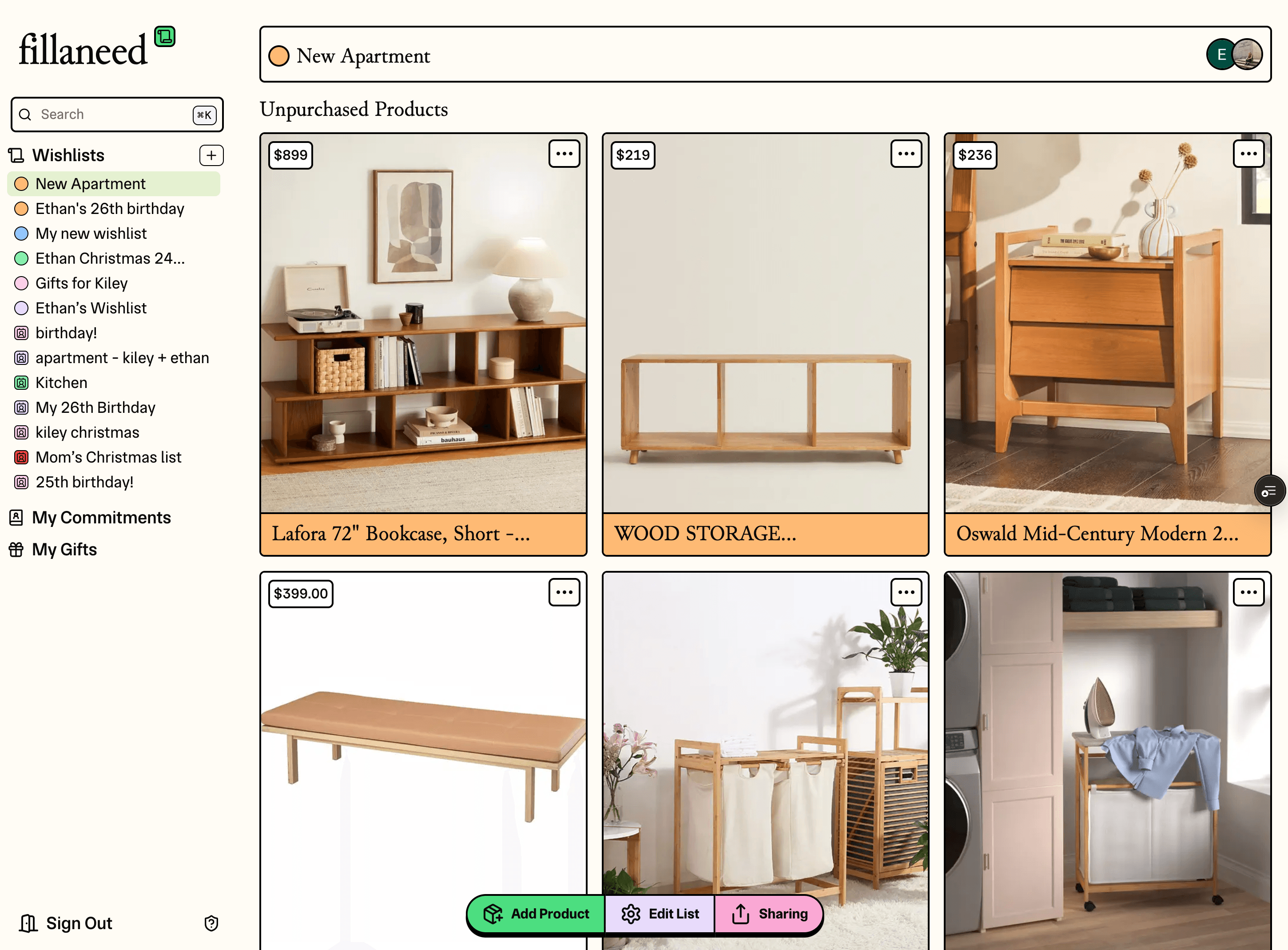 A fillaneed wishlist view